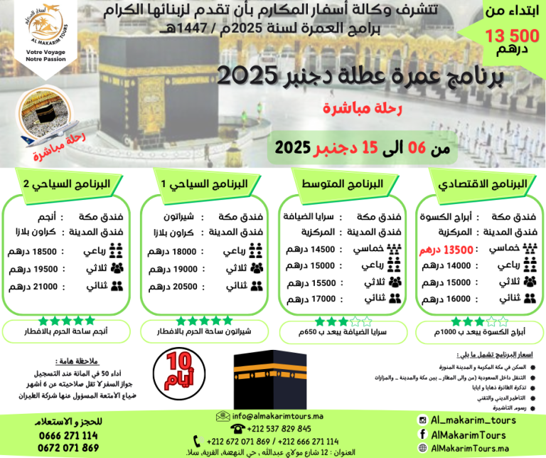 ثمن برنامج عمرة العطلة المدرسية دجنبر 2025 من المغرب رحلة مباشرة مع الخطوط السعودية انطلاقا من الدار البيضاء ثمن ارخص برنامج عمرة دجنبر 2025 من المغرب ابتداء من 10000 درهم 15 يوم لشخصين مباشرة جدة المدينة المنورة طيران الناس طيران الخليج لاخطوط السعودية الخطوط الملكية المغربية